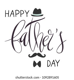 Beautiful handwritten brush lettering vector illustration phrase Happy Father's Day with mustache, dandy hat, bow tie decoration isolated on white.