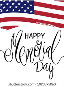 Beautiful handwritten brush lettering vector illustration phrase Happy Memorial Day with brush stroke as USA national flag isolated on white.