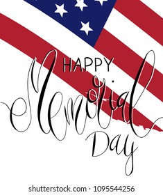 Beautiful handwritten brush lettering vector illustration phrase Happy Memorial Day with brush stroke as USA national flag isolated on white.