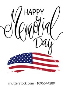 Beautiful handwritten brush lettering vector illustration phrase Happy Memorial Day with brush stroke as USA national flag isolated on white.