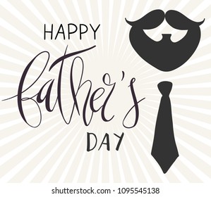 Beautiful handwritten brush lettering vector illustration Happy Father's Day with mustache, beard, tie simple dad portrait and vintage rays background.