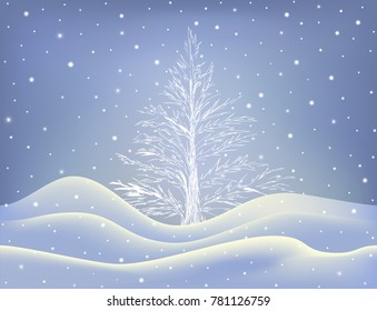 Beautiful handwritten Christmas tree on the night snowy hills. Merry X-mas vector background 