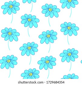 Beautiful handwritten decorative vector seamless pattern with blue flowers