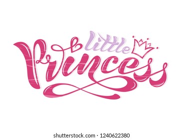 Beautiful handwritten text, calligraphy on a textured background. Vector. Inscription little princess with a crown and hearts for cards, poster, print, logo, print for clothes
