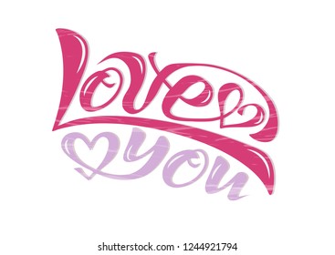 Beautiful handwritten text I love you with hearts. Vector on textured background for postcard, logo, congratulations, banner, print, holiday, valentine's day