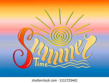 Beautiful handwritten text summer time. Vector illustration on a background of textured objects of solar, marine, wave. For postcards, advertisements, posters, banners, ornaments