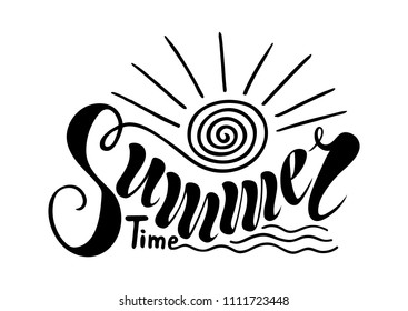 Beautiful handwritten text summer time. Vector illustration on a background of textured objects of solar, marine, wave. For postcards, advertisements, posters, banners, ornaments
