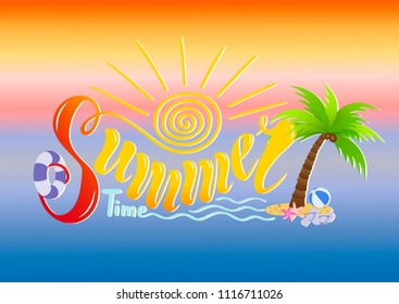 Beautiful handwritten text of summer time. Vector illustration on a background of textured objects sun, sea waves. With a palm tree, life ring, starfish, slapping. For postcards, advertisements,poster