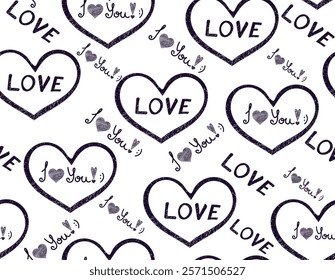 Beautiful handwritten vector seamless pattern with hand drawn hearts and the words "Love" and "I love you"