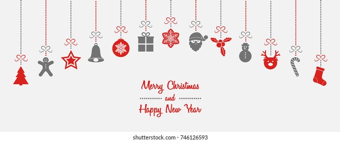 Beautiful hanging Christmas decorations with wishes - card. Vector.