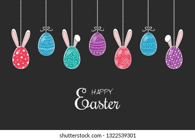 Beautiful hanging Easter eggs with bunnies and greetings. Vector