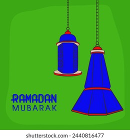 Beautiful hanging lanterns on green background for Islamic holy month of prayers, Ramadan Mubarak celebrations.