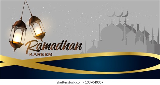Beautiful hanging shiny lanterns on dark background, Wallpaper design on the occasion of Muslims Holy Month Ramadan Kareem.
