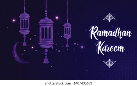Beautiful hanging shiny lanterns on dark background, Wallpaper design on the occasion of Muslim's Holy Month Ramadan Kareem. - Vector