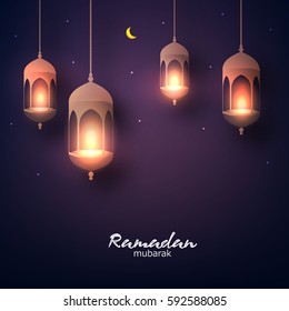 Hermosas linternas brillantes colgadas en un fondo oscuro, Diseño de papel tapiz con ocasión del Mes Santo de los Musulmanes Ramadan Kareem.