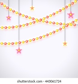 Beautiful Hanging Stars and Pearls decorated background with space for your wishes, Can be used as Greeting Card or Invitation Card design for Muslim Community Festivals celebration.