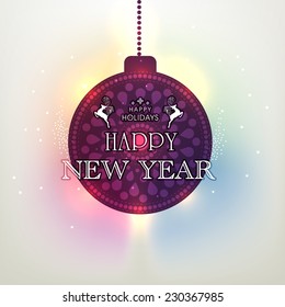 Beautiful hanging X-mas ball with stylish text on colorful shiny background for Happy New Year celebration.