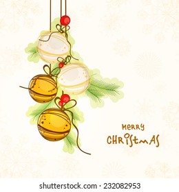 Beautiful hanging X-mas balls on snowflakes and floral decorated background, greeting card for Merry Christmas celebrations.