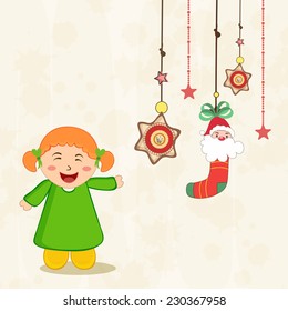 Beautiful hanging X-mas ornaments with cute little girl for Merry Christmas and other occasion.