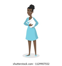 Beautiful happy african american woman holding her white pet rabbit. Cute domestic animals. Isolated vector illustration in cartoon style