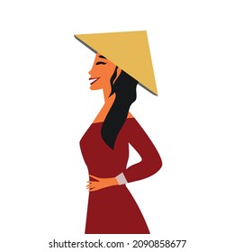 Beautiful Happy Asian Girl Dressed In National Traditional Ao Dai Dress - Costume, Vietnamese Conical Hat ( Non La, Leaf Hat ). Flat vector illustration portrait modern Vietnamese women.