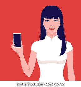 Beautiful happy Asian woman holding a mobile phone, vector flat illustration. Cute Asian smiling girl in traditional dress showing a smartphone.