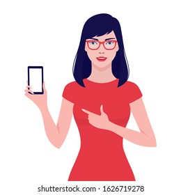 Beautiful happy Asian woman holding a mobile phone and pointing on it, vector flat illustration. Cute Asian girl showing a smartphone.