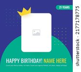 Beautiful happy birthday card with Crown and photo frame Free Vector. Birthday Greeting card with photo. Crown on photo birthday wish banner.