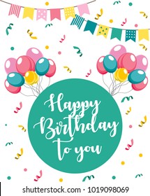Beautiful happy birthday card with party garlands and balloons