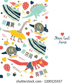 Beautiful happy birthday greeting card with dinosaur.