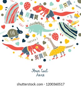 Beautiful happy birthday greeting card with dinosaur.