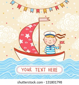 Beautiful happy birthday greeting card with boy, ship and sea. Vector party invitation.