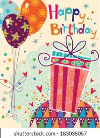 Beautiful happy birthday greeting card with gift and balloons in bright colors in vector. 