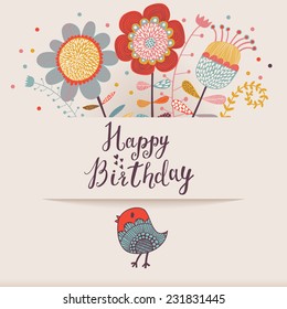 Beautiful happy birthday greeting card with flowers and bird. Cartoon party invitation with floral elements.