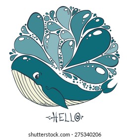 Beautiful happy birthday greeting card with whale and sea