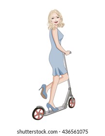 Beautiful happy blond girl with medium haircut and smile on face in blue short dress and high heels  riding a scooter,vector