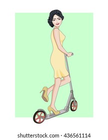 Beautiful happy blond girl with medium haircut and smile on face in blue short dress and high heels  riding a scooter,vector