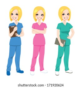 Beautiful happy blonde nurse posing in three different color scrubs uniform