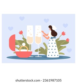 Beautiful happy bride in white dress standing near glasses of champagne. Festive wedding ceremony concept. Wedding postcard. Flat vector illustration in cartoon style in blue and red colors