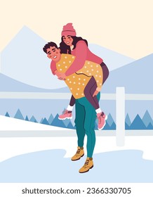 Beautiful happy couple hugging affectionately in winter warm clothes. Man and woman in love, spending time together outdoors. Mountain view background. 