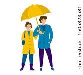 Beautiful happy couple man and woman with an umbrella, cartoon character colorful. Young people walks in coat and boots, protection from rain with an umbrella. Vector illustration isolated