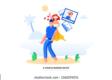 Beautiful happy couple taking selfie self-portrait on ocean beach enjoying summer vacation together. Flat style color modern vector illustration.