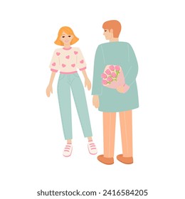 Hermosa pareja feliz de hombres y mujeres jóvenes. Regalando un ramo de flores. Ilustración romántica de las personas que salen y aman la caricatura del día de San Valentín ilustración vectorial aislada en fondo blanco