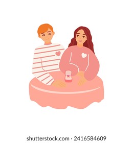 Hermosa pareja feliz de jóvenes y hombres abrazándose entre ellos. Proponiendo con anillo de compromiso. Ilustración romántica de personas que salen y aman. Ilustración vectorial del Día de San Valentín