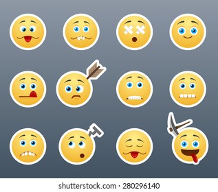 Beautiful happy and crazy yellow smiley in a small set of