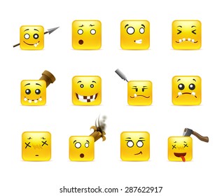 Beautiful happy and crazy yellow square anime smiley in a small set of