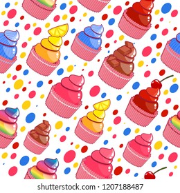 Beautiful happy and cute with different colors muffin pattern and dots, vector illustration isolated on white background, sweet cookies