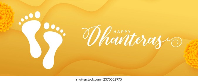 beautiful happy dhanteras goddess charan banner for wealth and blessing vector. Translation: Happy Dhanteras, dhan means wealth teras means thirteen