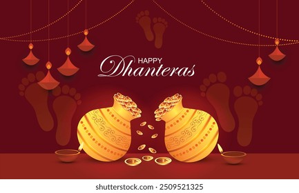 Beautiful Happy Dhanteras Indian festival greeting background Dhanteras Pot with Gold Coins, Diya's (oil lamps) and decorative elements