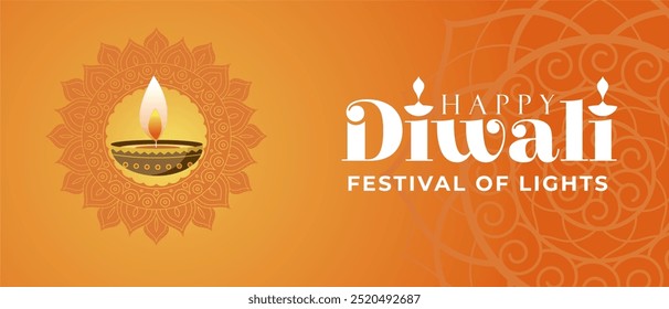 Beautiful Happy Diwali Festival of Lights 2024 Banner with Diya, Diwali Typography and Mandala Pattern. India Deepavali Background, Greeting, Poster, Template, Vector Illustration, Sale, Feed. 